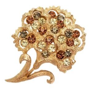 Coro Gold Tone Green Jonquil Rhinestone Flower Brooch Pin, Signed L65